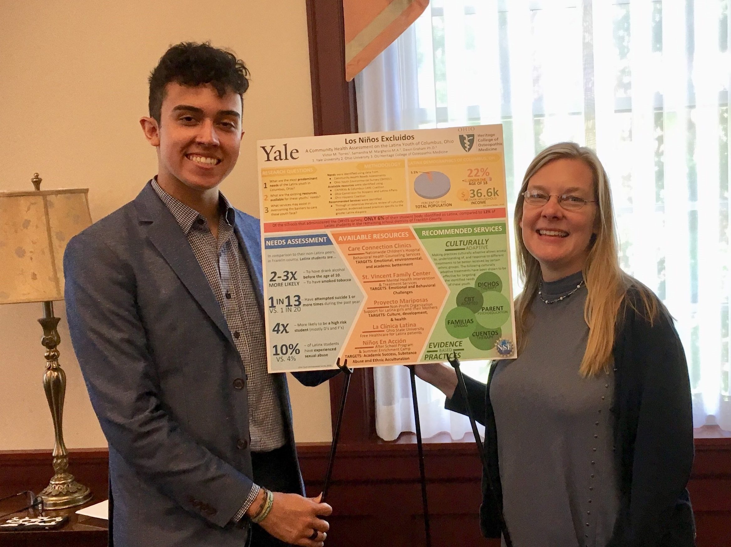 Victor Torres (right) presented his findings at the on campus research poster presentation on the last day of the REU program. Victor